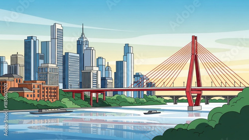 Cityscape illustration with red cable stayed bridge and modern skyscrapers, urban landscape, serene