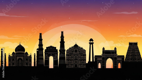 Silhouette of indian monuments against vibrant orange and purple sunset sky with stars and clouds