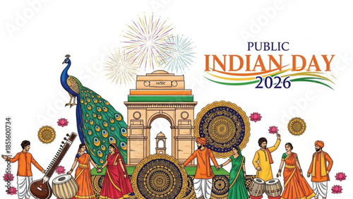 Vibrant indian day celebration with traditional dancers and musicians near india gate monument