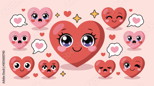 Many adorable cartoon hearts display a range of sweet emotions with stars and speech bubbles surrounding them