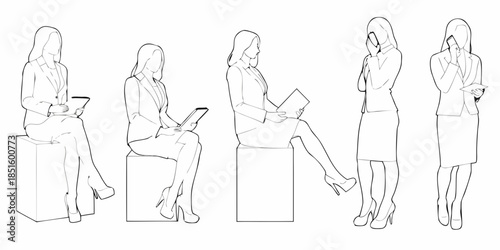 Line art illustration of five women in business attire in various poses