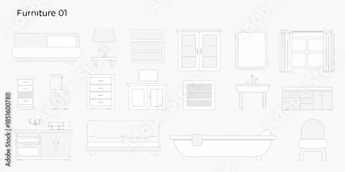 Minimalist furniture collection sofas cabinets sinks and bathroom fixtures outlined