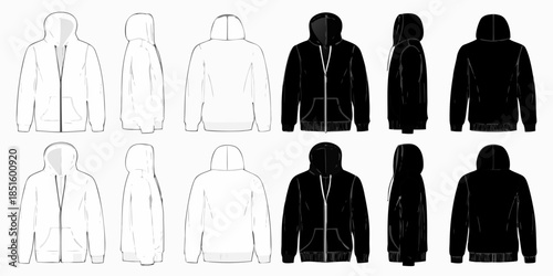 Assorted hooded sweatshirts and jackets shown in various colors and styles