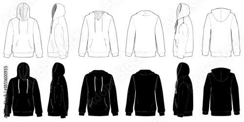 Technical fashion illustration of various hoodie designs in different views