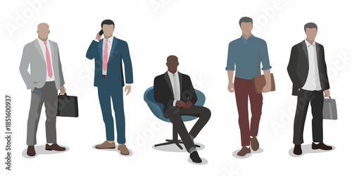 Diverse group of stylized men in business attire standing and seated