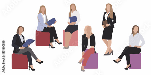 Group of professional women in business attire seated on colorful cube chairs