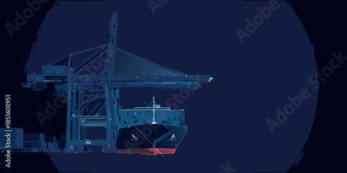 A dark blue illustration of a container crane and cargo ship at port