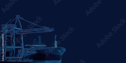 Dark silhouette of a ship and crane against a deep blue night sky