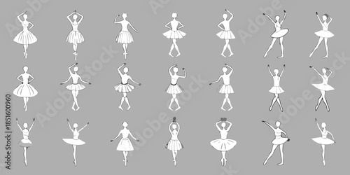 Multiple white stick figures of ballerinas in various dance poses on a gray background