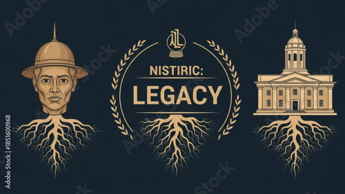 Vintage illustration of historical figure and government building with roots symbolizing legacy