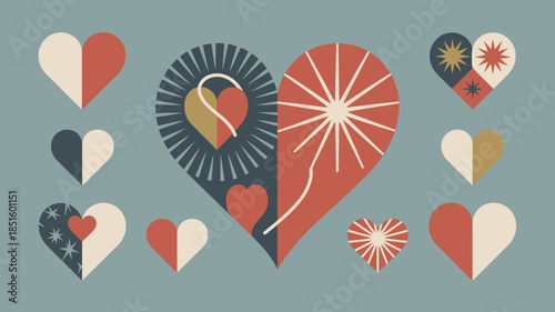 Nine distinct heart illustrations showing a mix of solid colors and patterned sections on a calming background