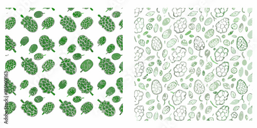 Close up of a repeating pattern featuring green hops flowers on white background