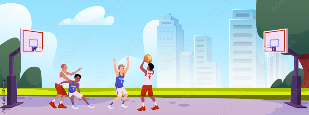 Obraz premium Outdoor sports ground, children playing basketball, trees, hoop, city, sky.