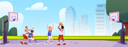 Outdoor sports ground, children playing basketball, trees, hoop, city, sky.