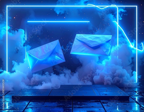 Surreal digital artwork with floating envelopes and neon light