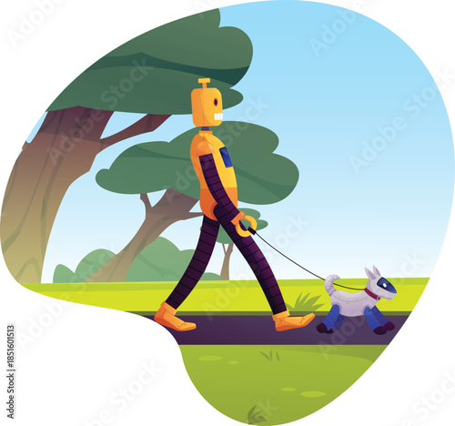 Robot walk with robotic dog on leash in nature, smart city, vector artificial intelligence machine owner and animal pet