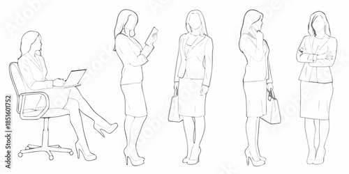 Line art depictions of professional women in various business poses and attire