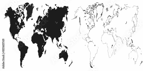 Black and white stylized world map illustration with distinct continental outlines
