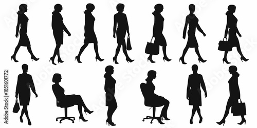 Silhouettes of women walking sitting and carrying shopping bags in black