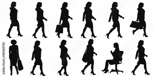 Silhouettes of women walking standing and posing in various fashionable outfits