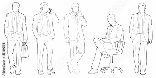 Line art illustration of men in suits showing various poses and attitudes