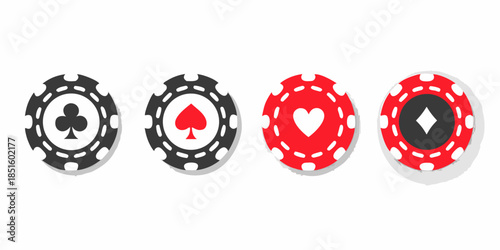 Four casino chips with different suit symbols arranged in a row