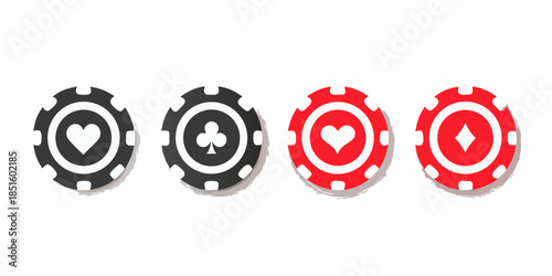 Four casino chips displaying heart club diamond and spade symbols