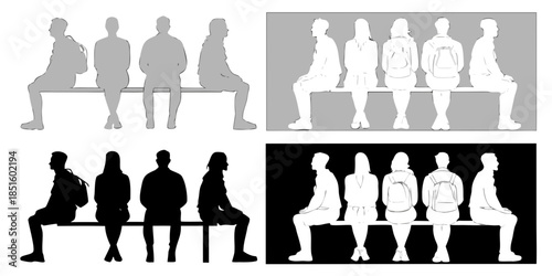 Silhouettes of people sitting on a bench in various color schemes