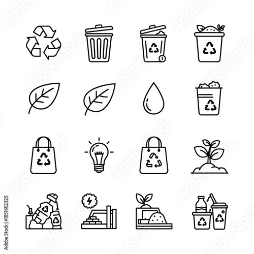 Essential vector icon set depicting diverse aspects of recycling, waste management, and sustainable environmental practices for a greener, eco-conscious world