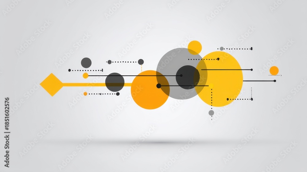Obraz premium Abstract geometric artwork featuring circles, lines, and shapes in yellow, gray, and black against a soft gray background for creative design usage