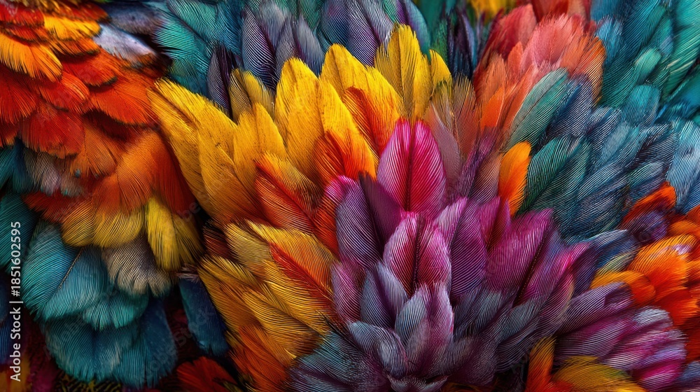 Obraz premium An array of colorful feathers in bright shades of orange yellow red and blue. The feathers come together to form a striking pattern that captures attention.