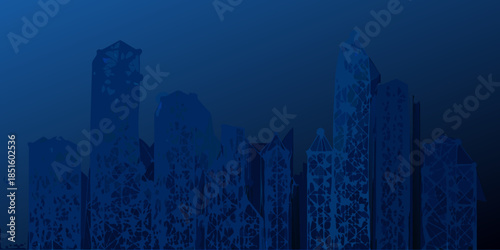 Dark blue abstract cityscape silhouette against a deep gradient background