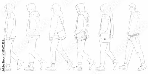 Line art illustration of diverse individuals in casual hooded clothing