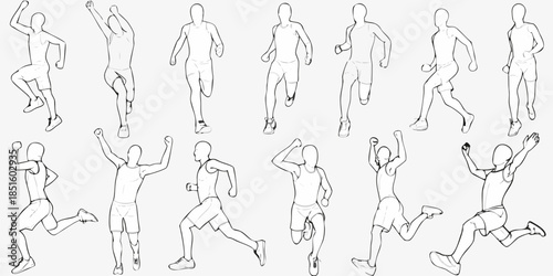 Line art illustration of people in various running and celebratory poses