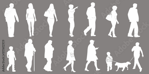 Silhouettes of diverse people in various poses and outfits against grey background