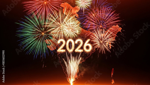 Vibrant Fireworks Explode in Night Sky Celebrating 2026 New Year with Colorful Displays of Joy and Festivity Everywhere Outside