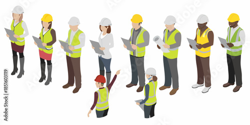 Isometric illustration of construction workers reviewing blueprints and plans