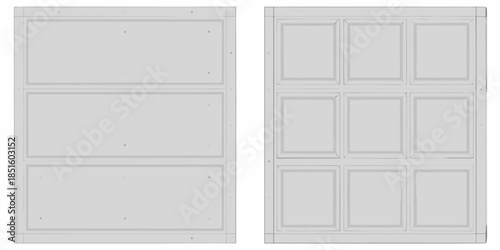 Two gray cabinet doors with paneling showcasing a classic design element