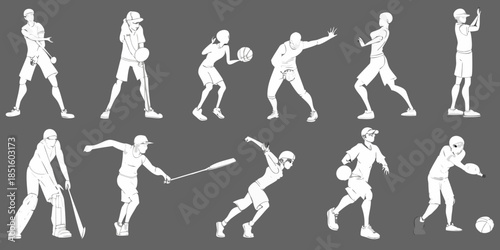 Baseball player action sequence illustrating the mechanics of pitching and batting