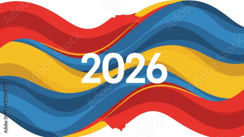 Vibrant 2026 Wavy Year Graphic Design with Red, Blue, Yellow Colors and Futuristic Style on White Background Illustration