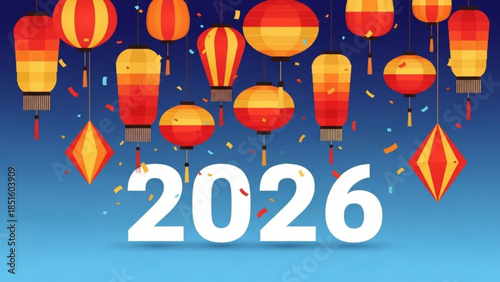 Vibrant Lanterns Celebrate New Year 2026 with Colorful Decorations and Confetti