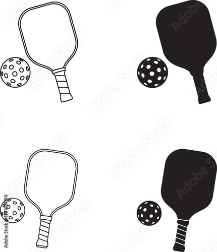 Black and white illustration of pickleball paddles and balls