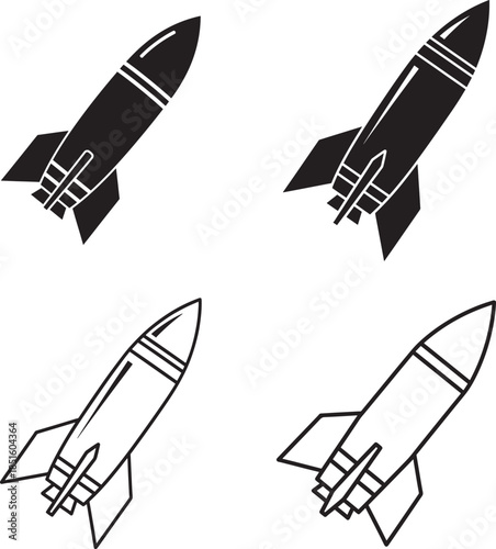 Four simple rocket illustrations in solid silhouette and line art styles 