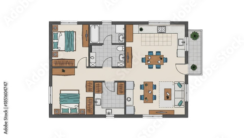 A detailed floor plan illustration of a modern residential building with various rooms and furniture, viewed from directly above.