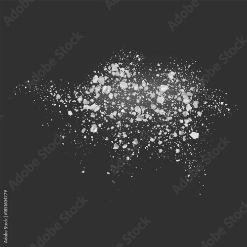 A realistic scattering of large white crystals of sugar, salt, or flour.