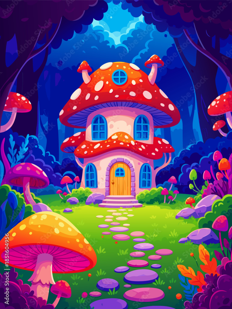 Fototapeta premium Enchanting Mushroom House in a Mystical Forest with a Winding Stone Path and Vibrant Flora