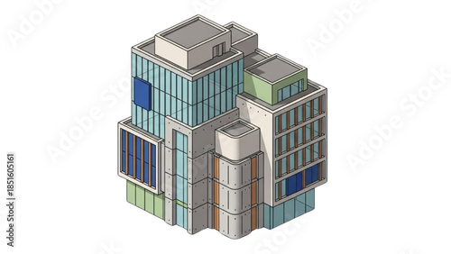 Isometric View of Modern Buildings with Glass Facades and Urban Architecture