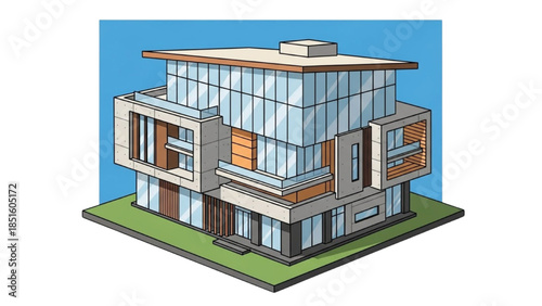 Modern house with large windows and balconies on a grassy area viewed from an angle