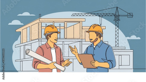 Two construction workers discussing a building project on site with a crane in the background