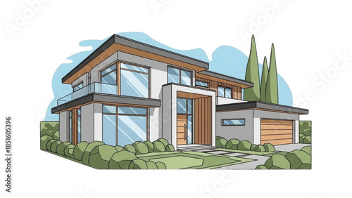 Modern house illustration with sleek design and lush greenery surrounding the building from an angled viewpoint